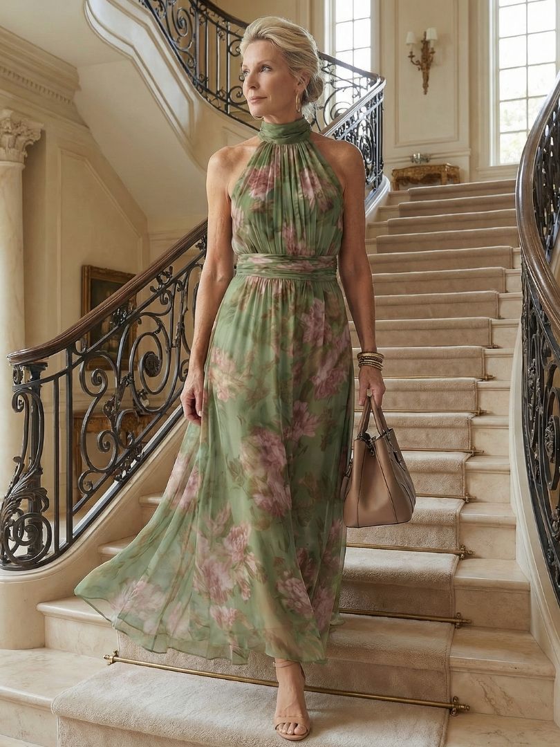 Robe Midi à Taille Cintrée et Col Halter pour Femme - Emilia Lane
