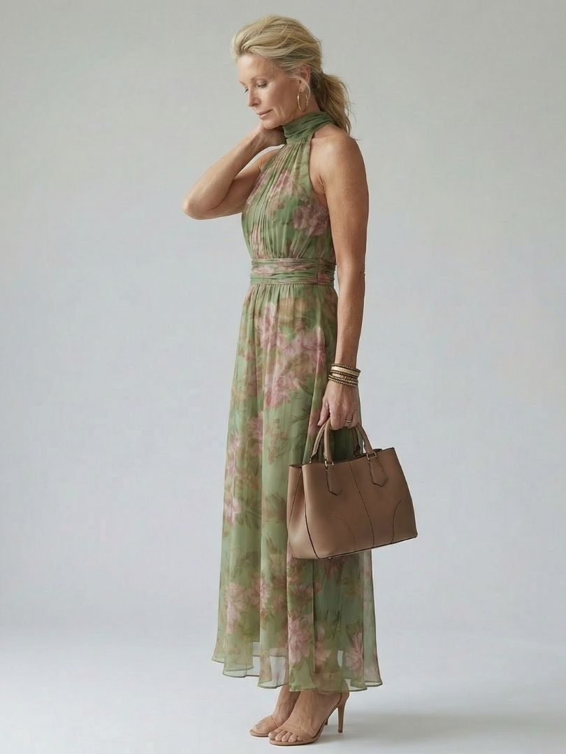 Robe Midi à Taille Cintrée et Col Halter pour Femme - Emilia Lane