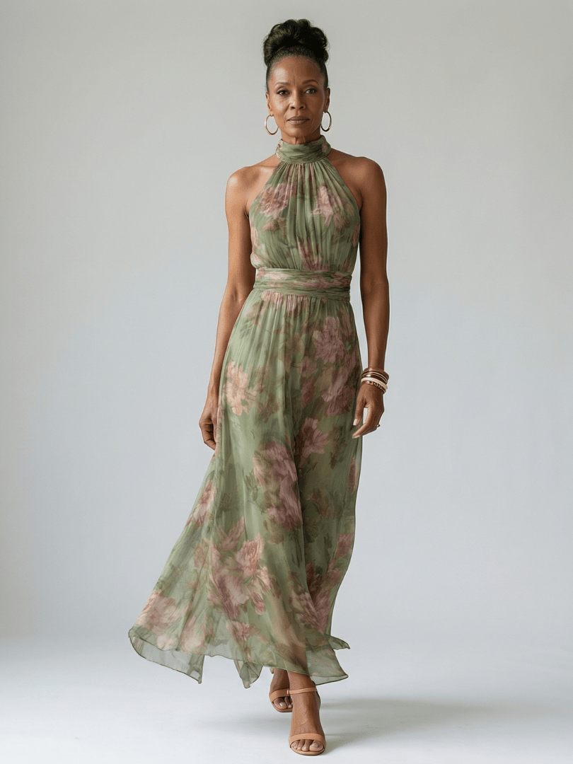 Robe Midi à Taille Cintrée et Col Halter pour Femme - Emilia Lane