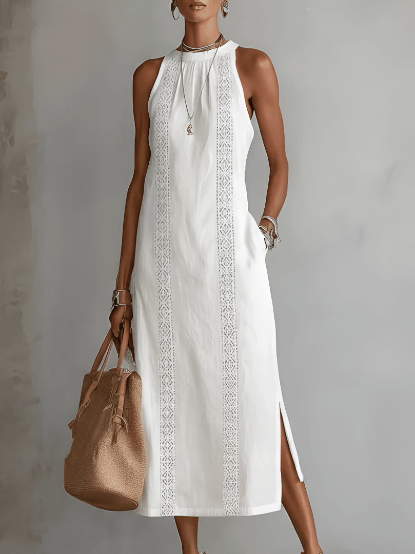 Robe Midi Femme Col Mandarin en Lin et Coton