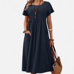 Robe plissée à col rond en coton et lin pour femmes - Emilia Lane
