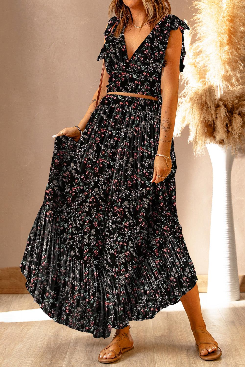 Ensemble Top Court à Volants et Jupe Maxi pour Femmes
