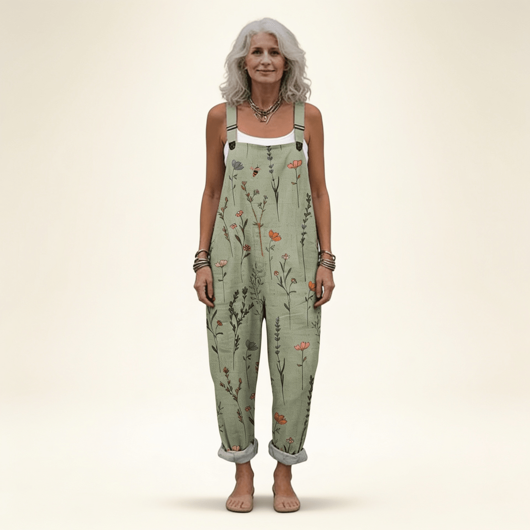 Salopette Femme Ample à Imprimé Floral Vert avec Bretelles Réglables et Poches