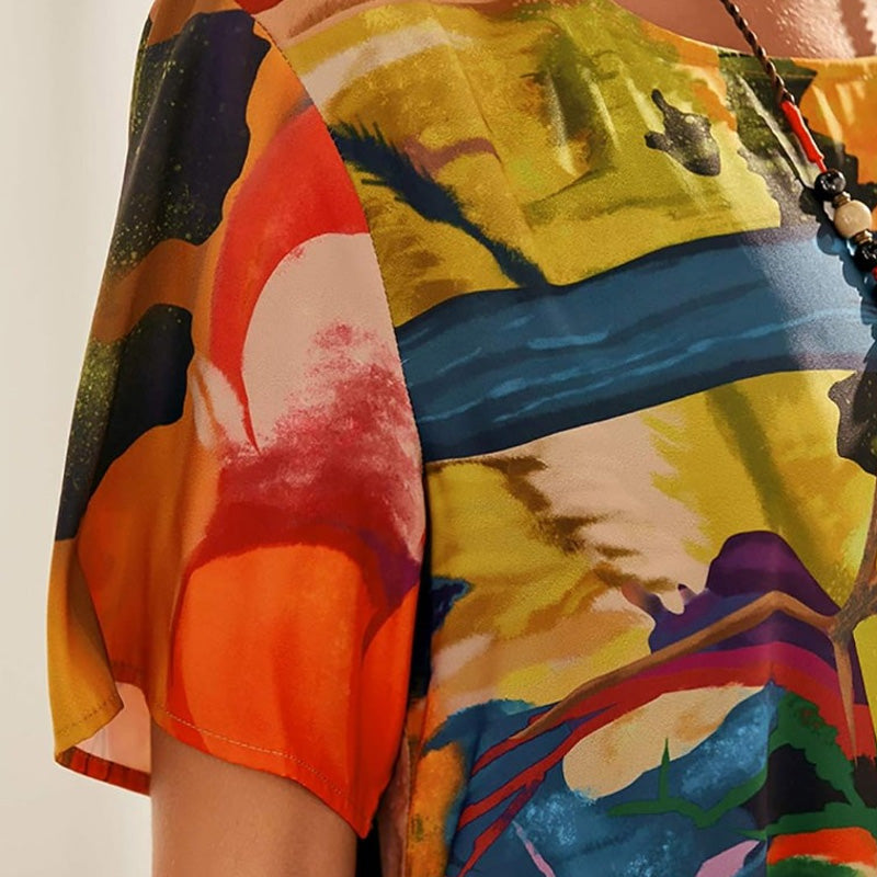 Robe Longue Imprimé Tropicaux Manches Courtes pour Femme