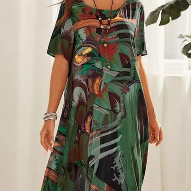 Robe Longue Imprimé Tropicaux Manches Courtes pour Femme