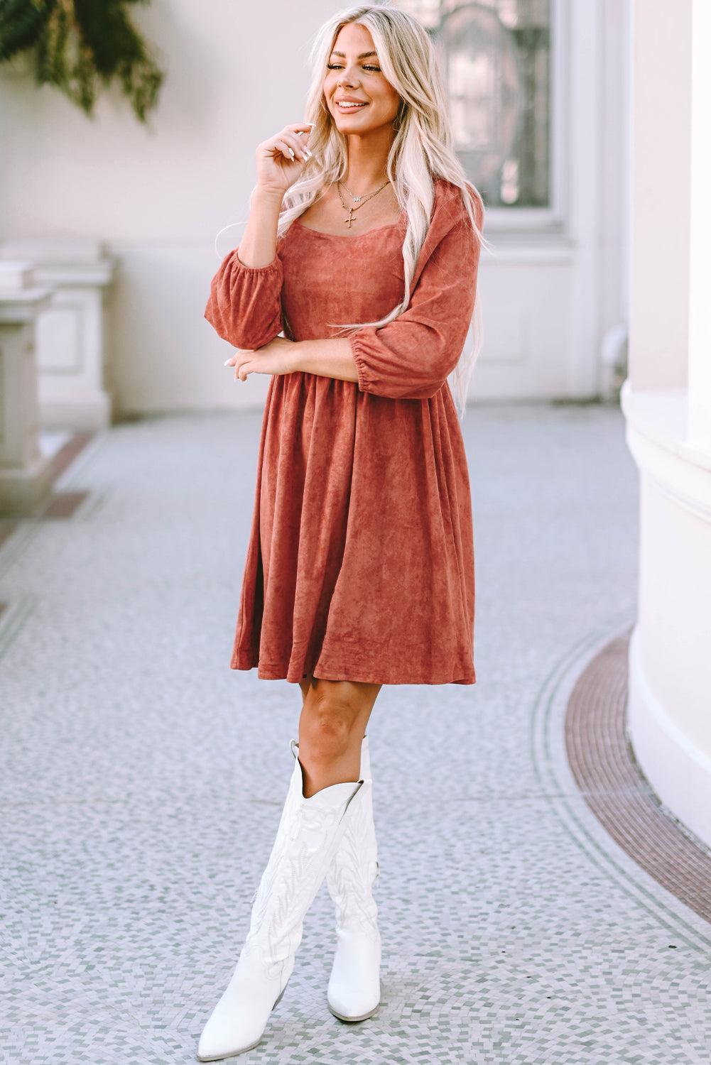 Robe Évasée à Manches Bouffantes et Décolleté Carré pour Femmes