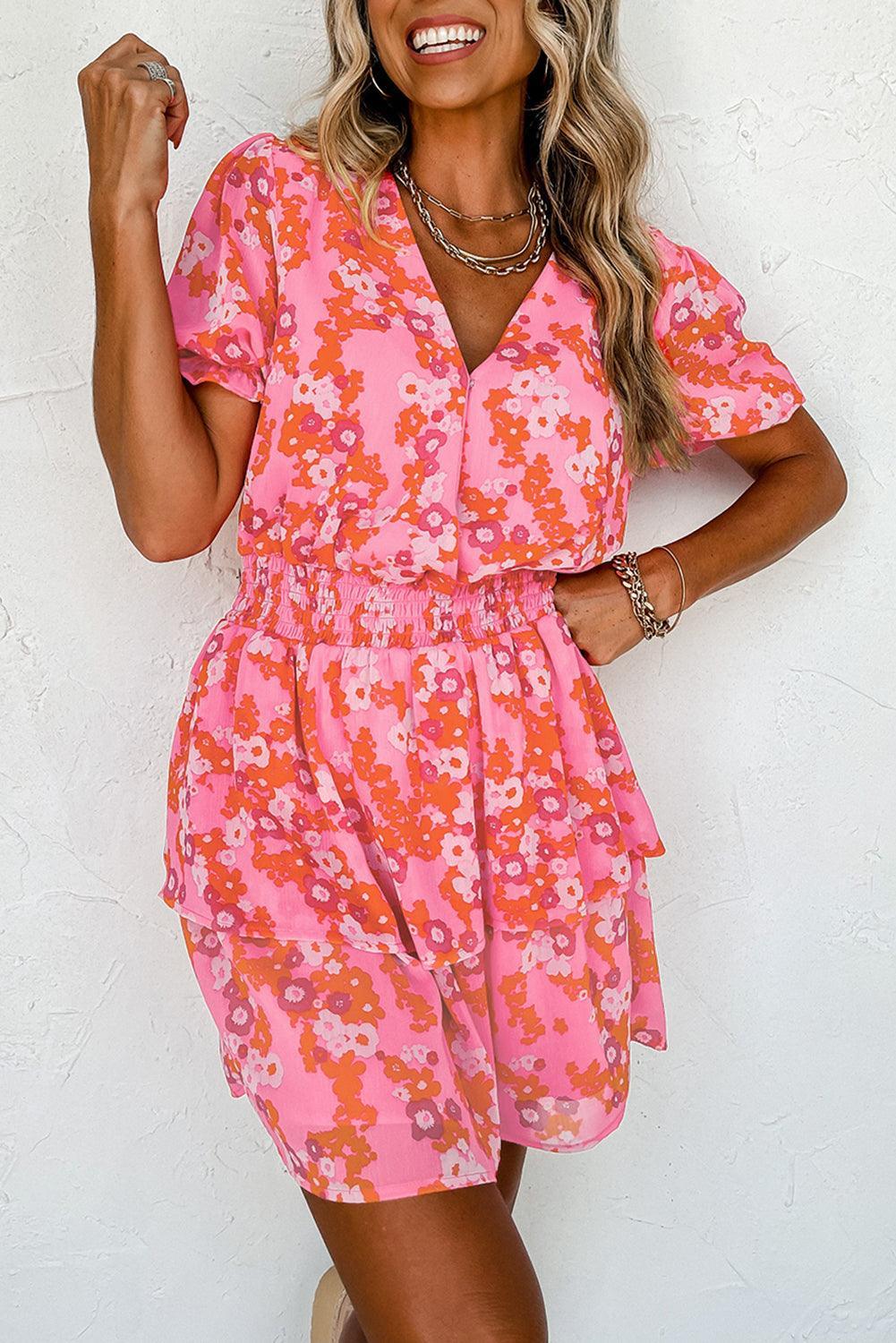 Robe à Col V avec Manches Courtes Volantes