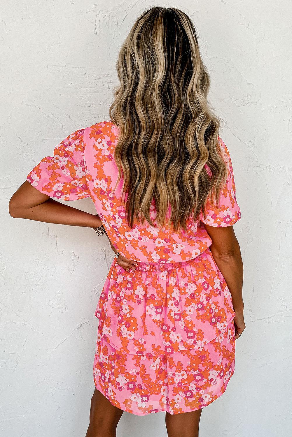 Robe à Col V avec Manches Courtes Volantes