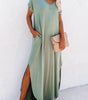 Robe Maxi T-Shirt à Col V avec Fente et Poche