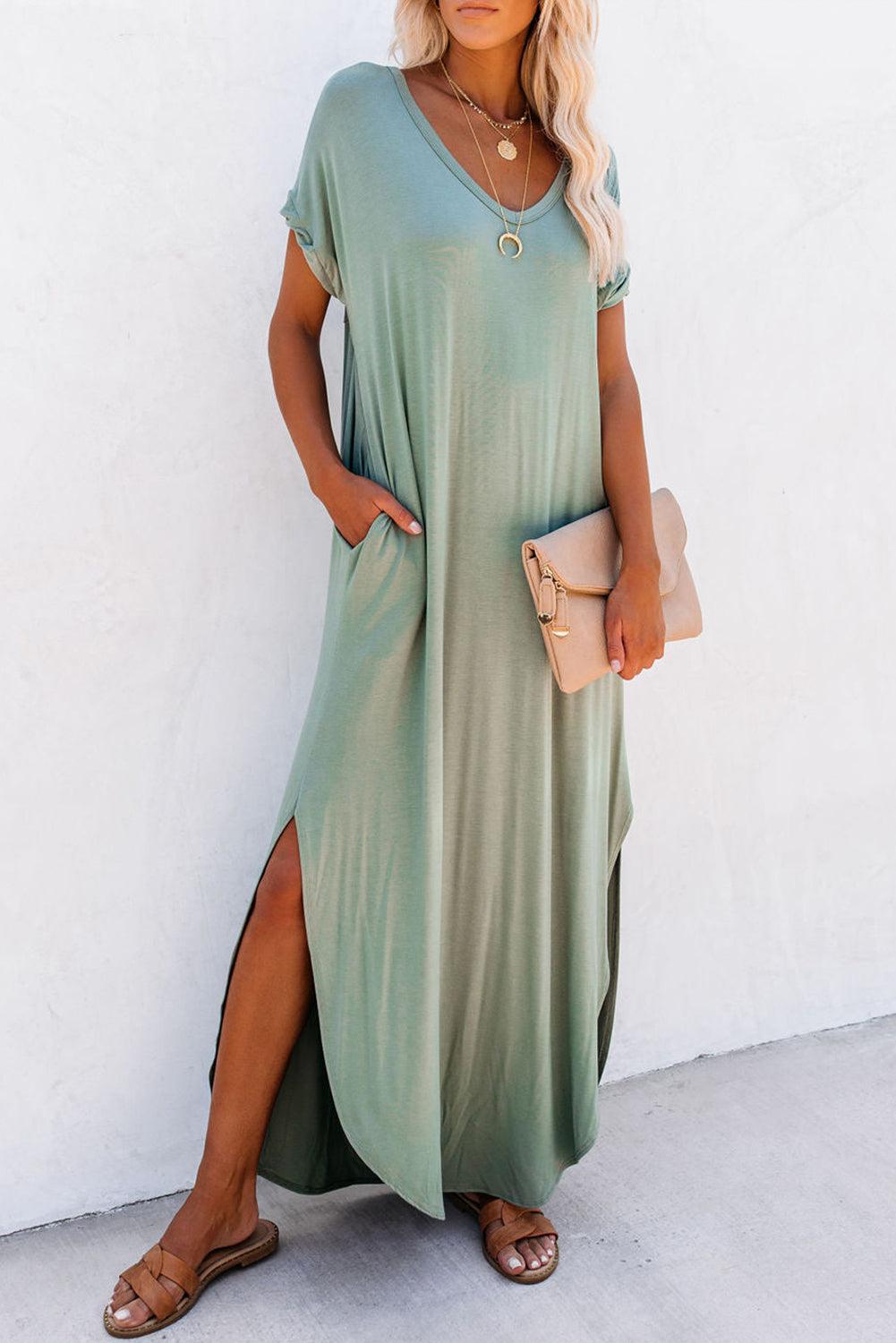 Robe Maxi T-Shirt à Col V avec Fente et Poche
