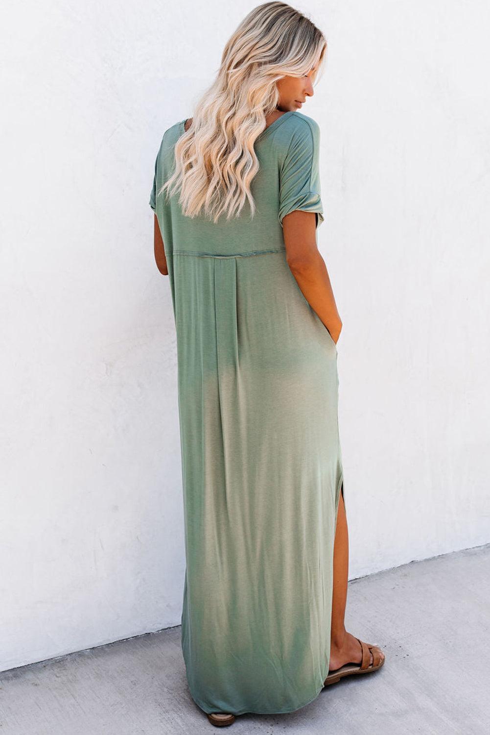 Robe Maxi T-Shirt à Col V avec Fente et Poche