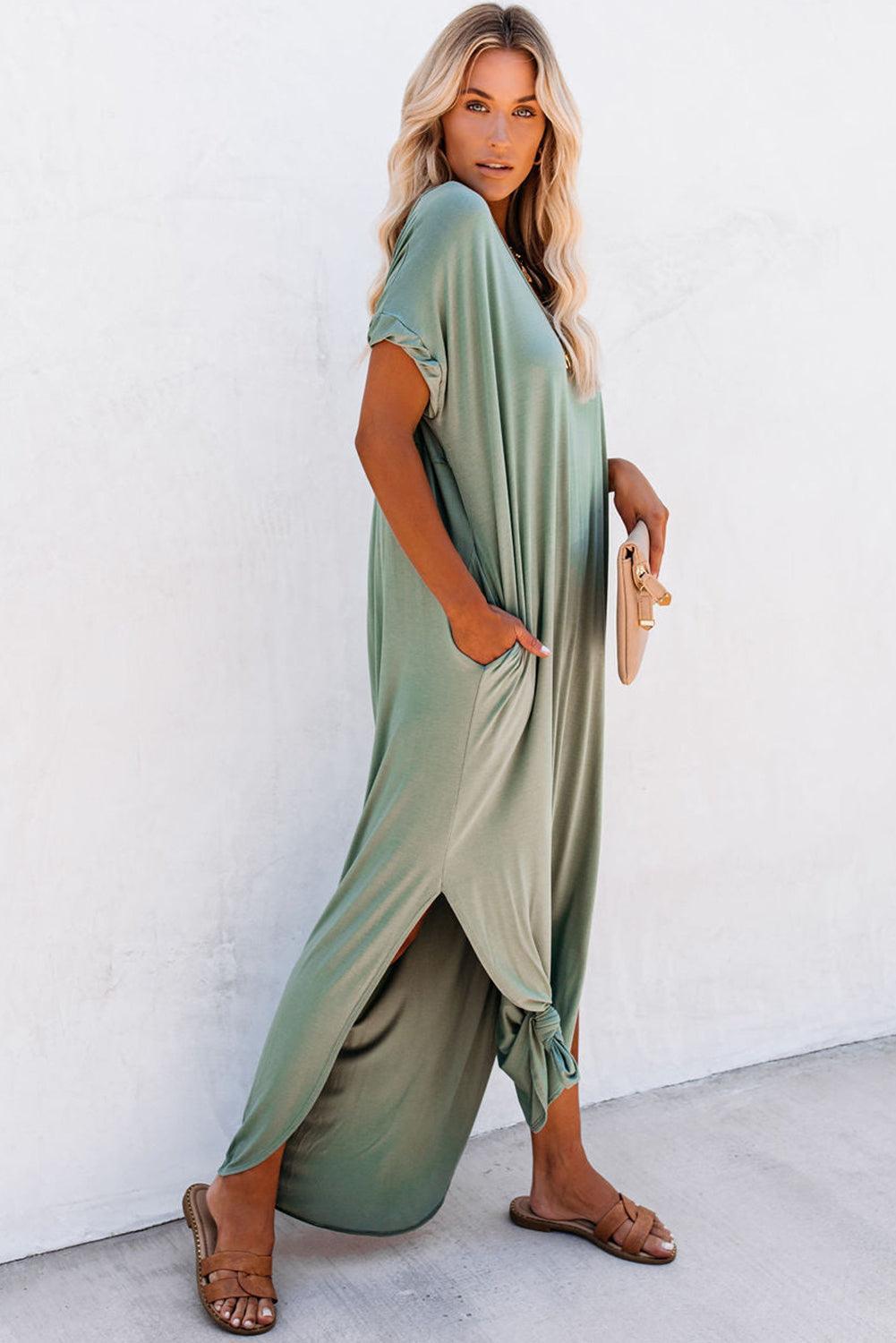 Robe Maxi T-Shirt à Col V avec Fente et Poche