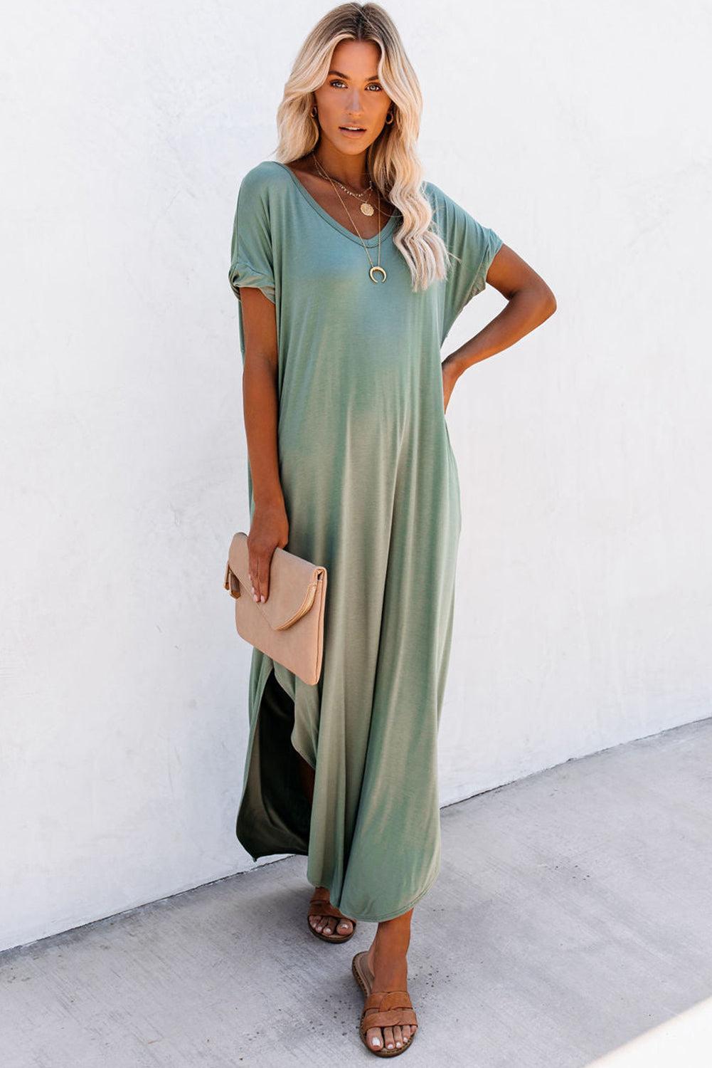Robe Maxi T-Shirt à Col V avec Fente et Poche