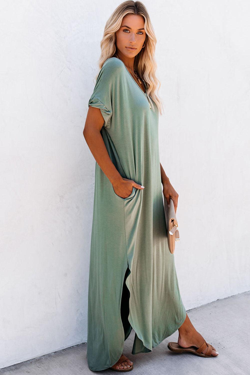 Robe Maxi T-Shirt à Col V avec Fente et Poche