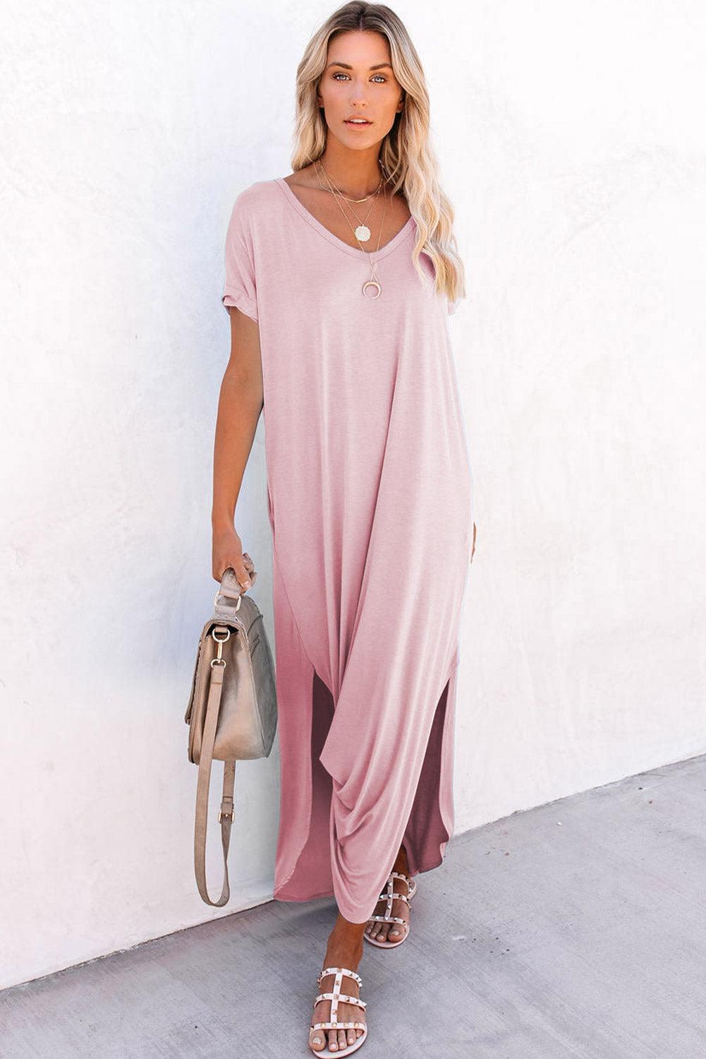 Robe Maxi à Col V avec Fente Latérale et Poche