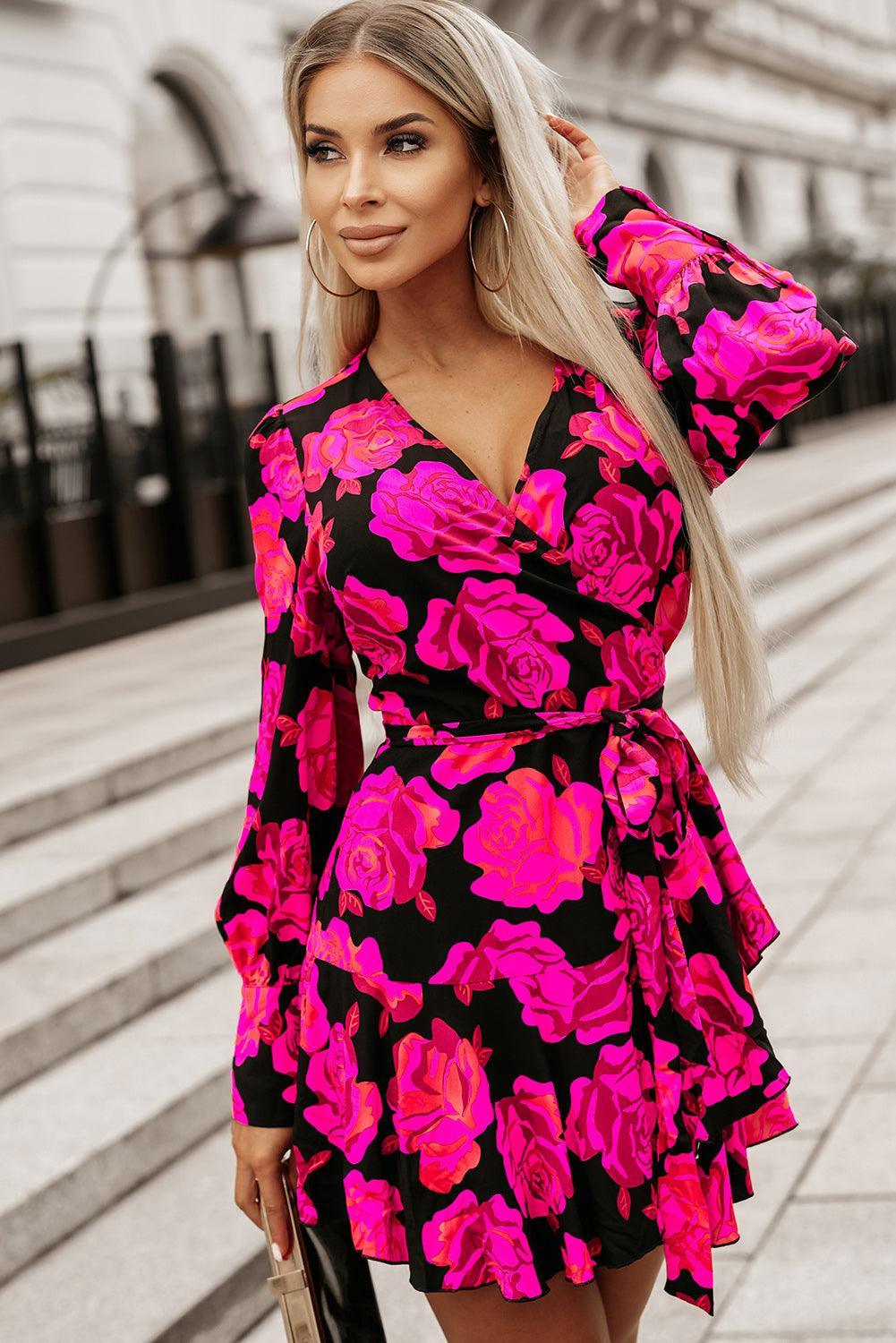 Robe Portefeuille Décolleté en V et Manches Bouffantes pour Femmes