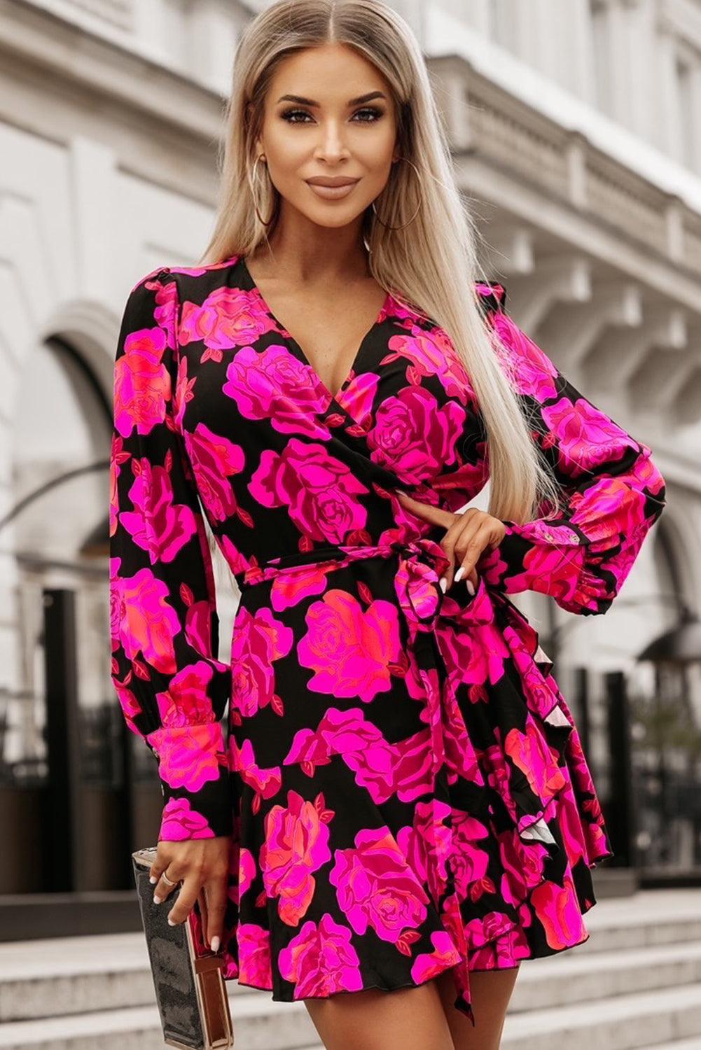 Robe Portefeuille Décolleté en V et Manches Bouffantes pour Femmes