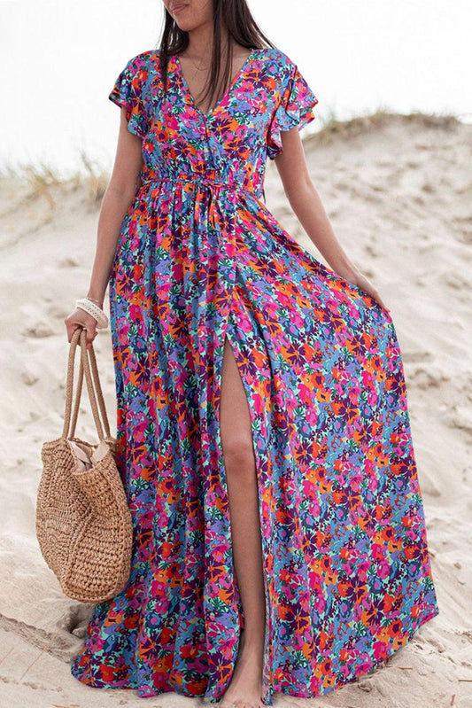 Robe Maxi à Encolure en V et Fente pour Femmes