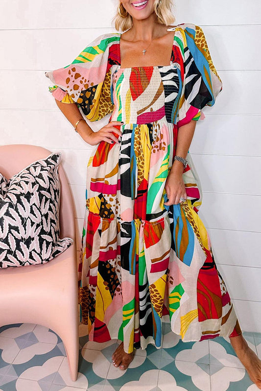 Robe Maxi Boho à Encolure Carrée pour Femmes