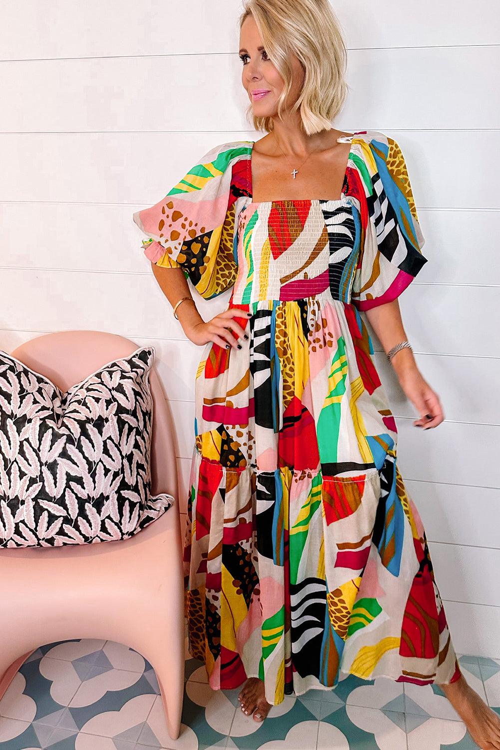 Robe Maxi Boho à Encolure Carrée pour Femmes