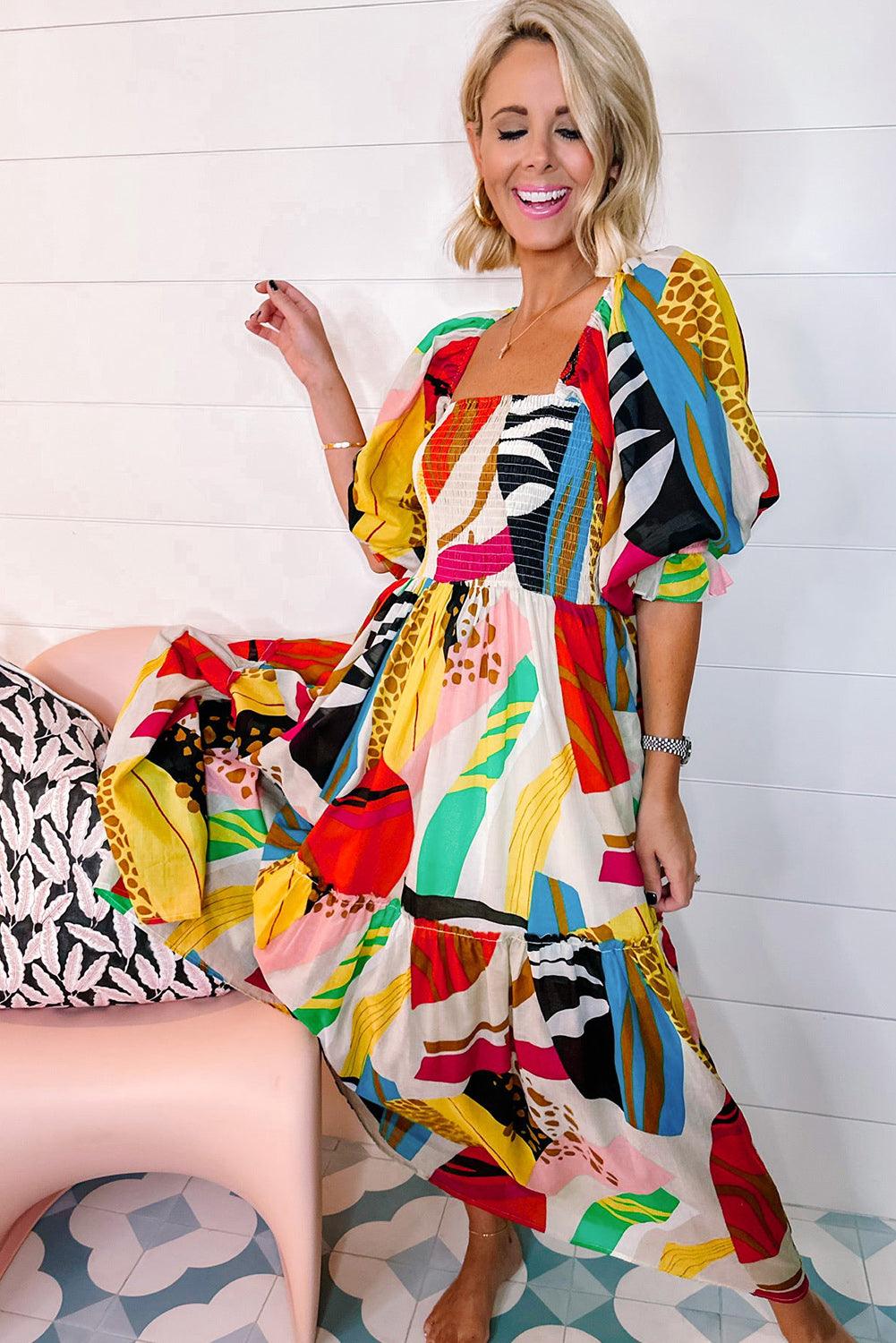 Robe Maxi Boho à Encolure Carrée pour Femmes