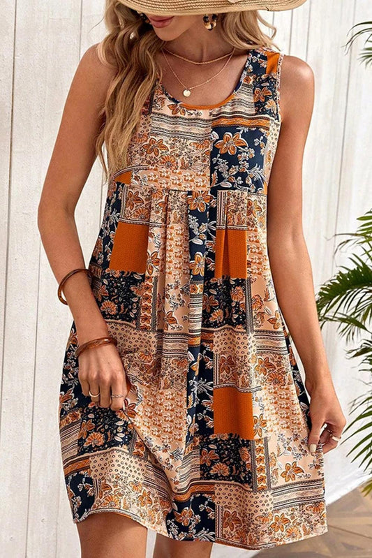 Robe Mini Évasée Patchwork Fleurs pour Femmes