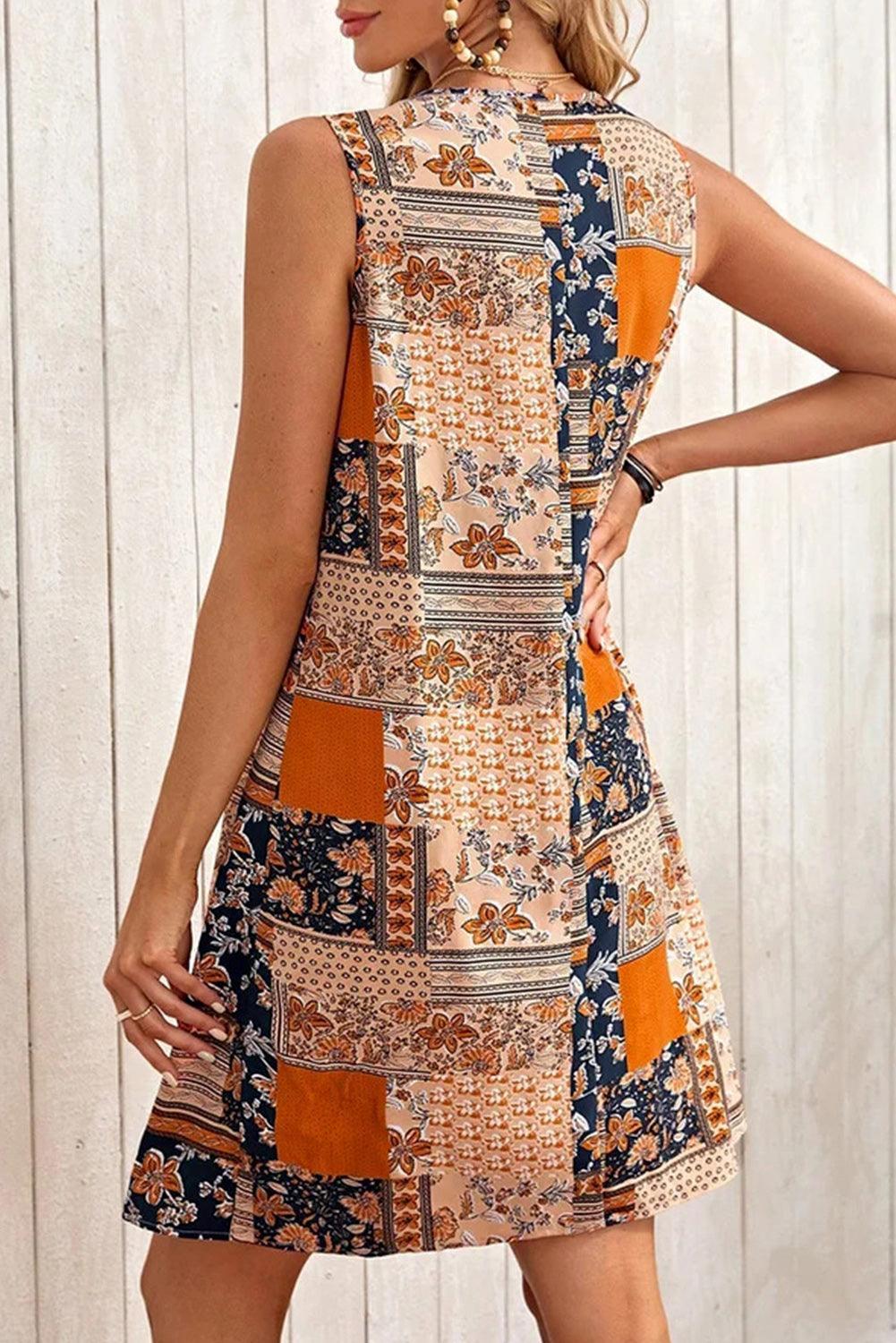 Robe Mini Évasée Patchwork Fleurs pour Femmes