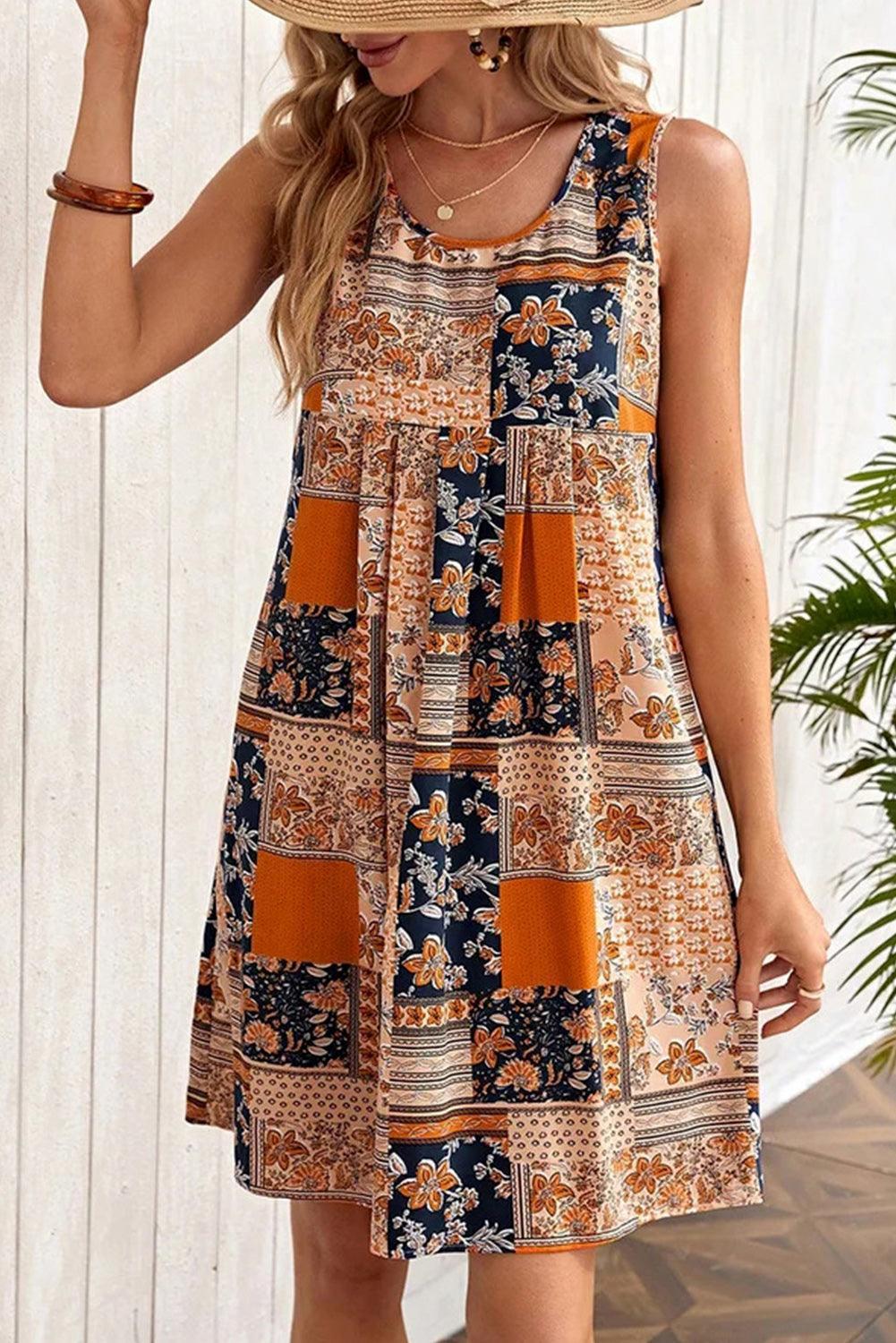 Robe Mini Évasée Patchwork Fleurs pour Femmes