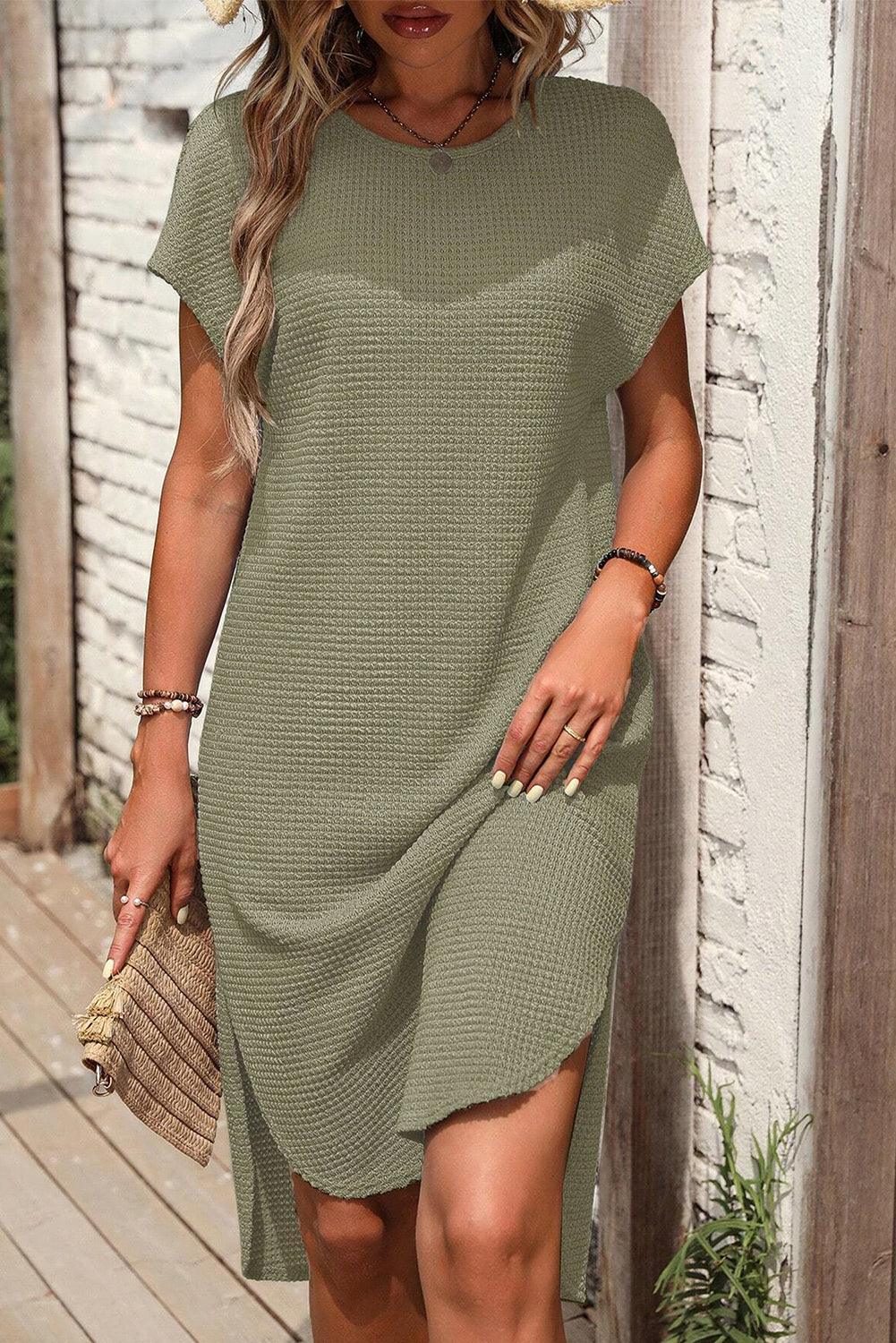 Robe T-Shirt en Tricot Waffle avec Fentes Latérales