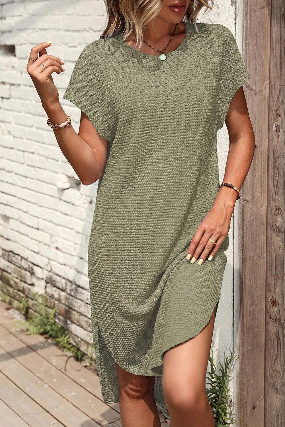 Robe T-Shirt en Tricot Waffle avec Fentes Latérales