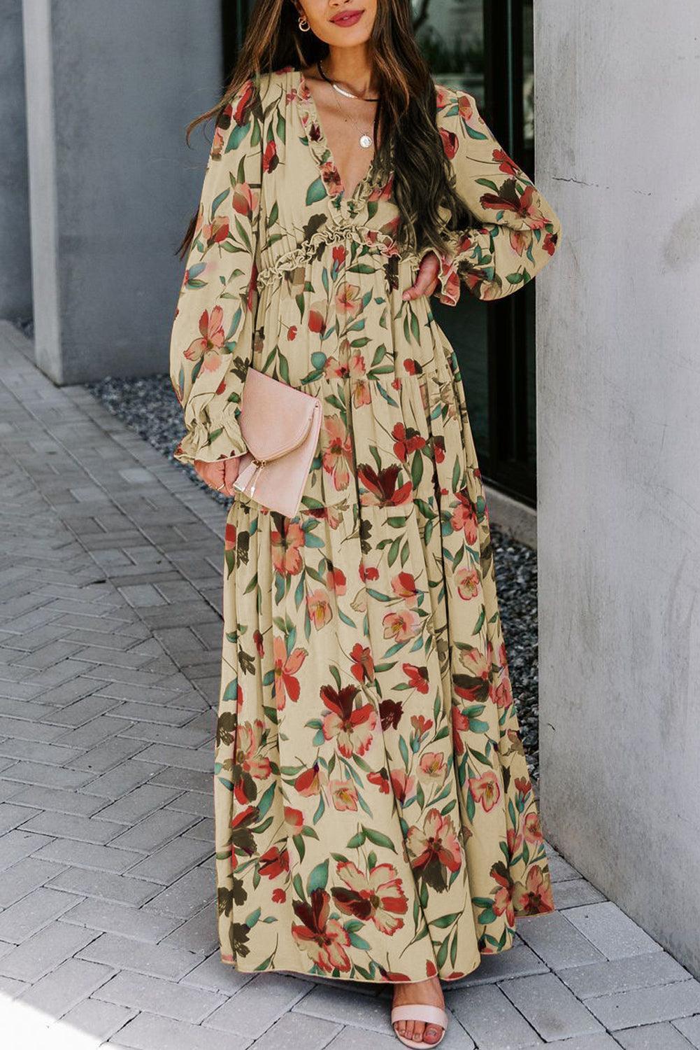 Robe Maxi Superposée en Imprimé Lotus Sauvage