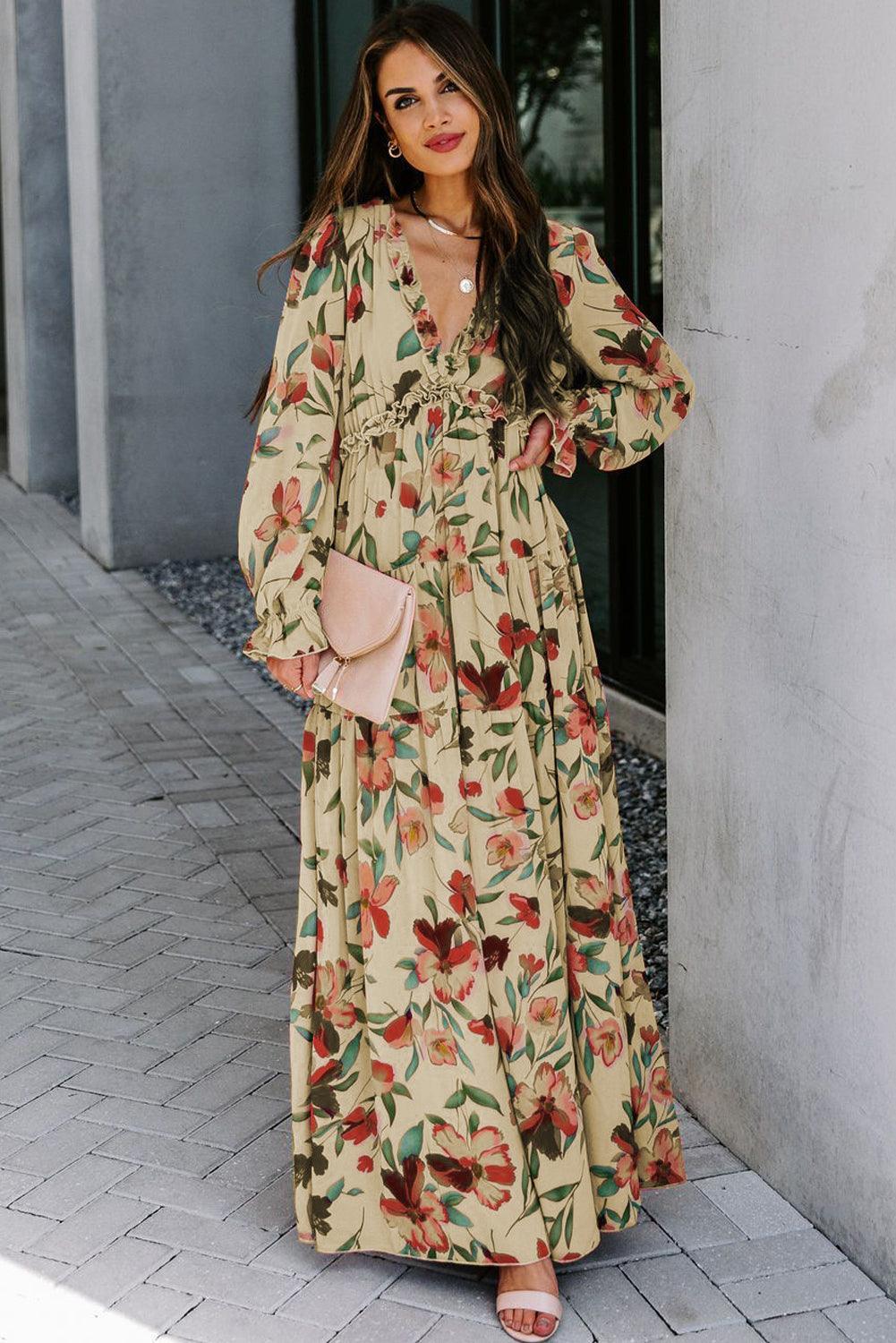Robe Maxi Superposée en Imprimé Lotus Sauvage