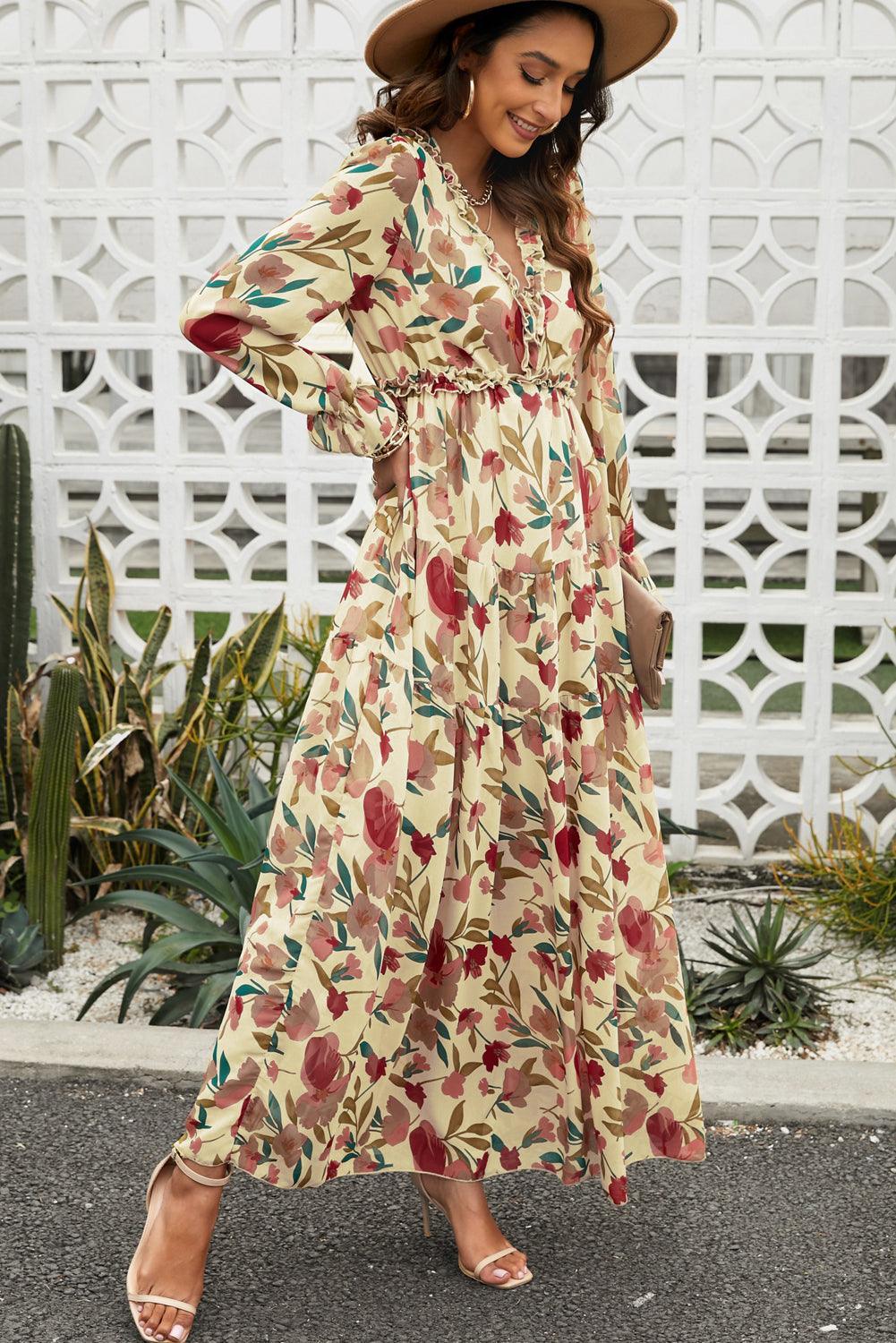 Robe Maxi Superposée en Imprimé Lotus Sauvage