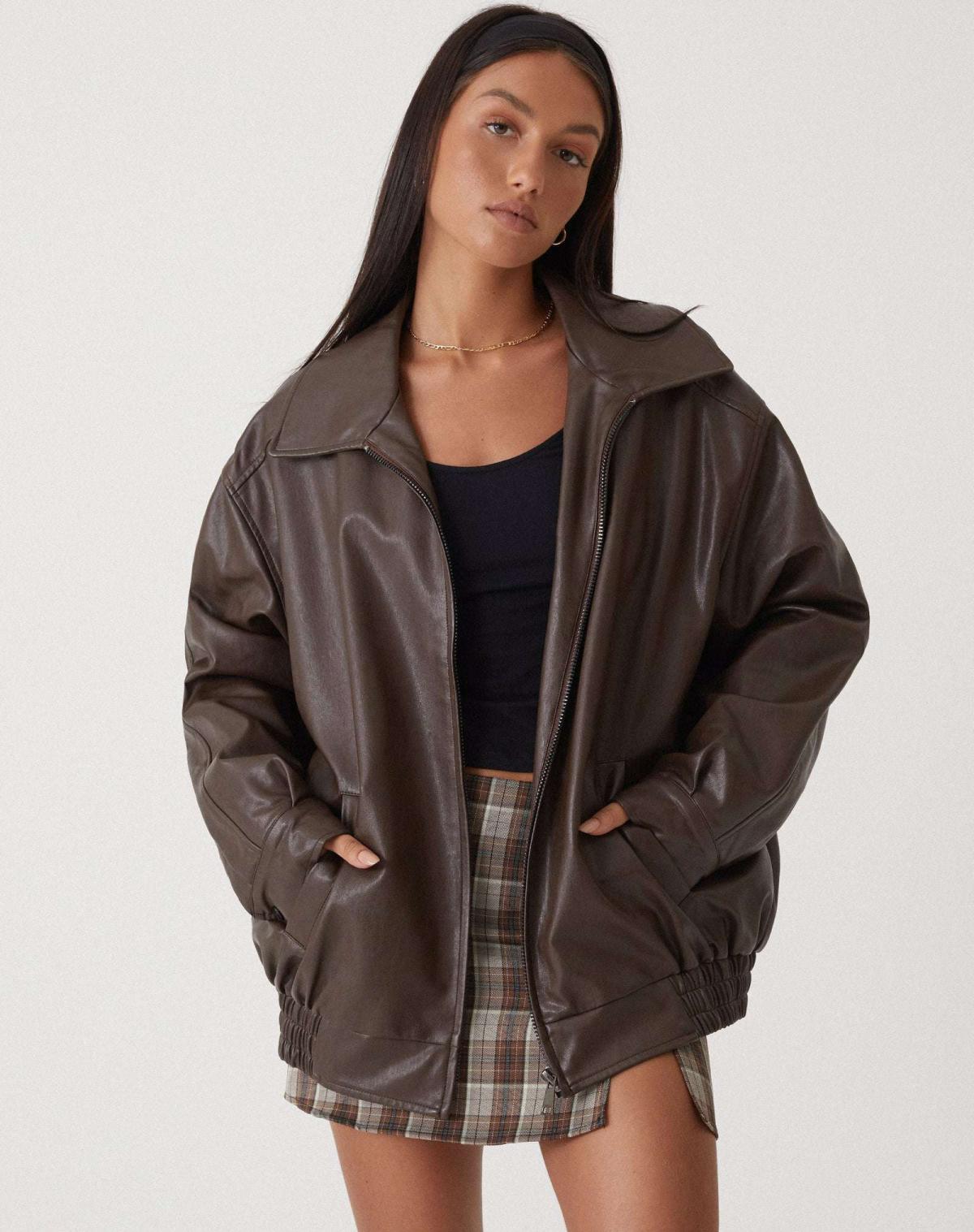 Blouson Bomber en Cuir Oversize pour Femmes
