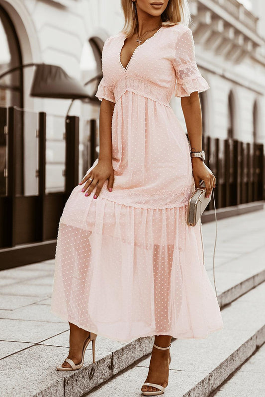 Robe Maxi à Pois Suisses et Dentelle pour Femmes