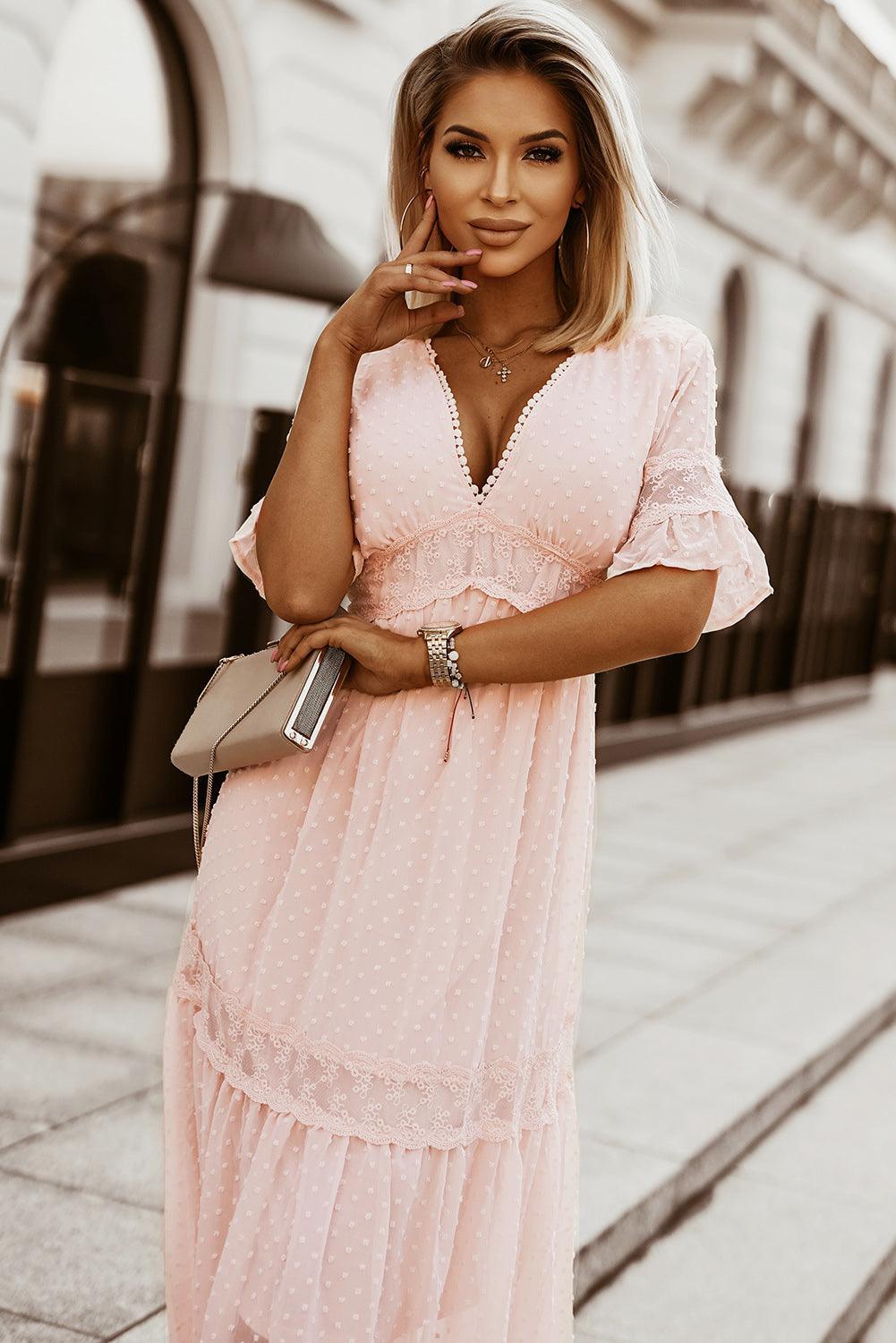 Robe Maxi à Pois Suisses et Dentelle pour Femmes